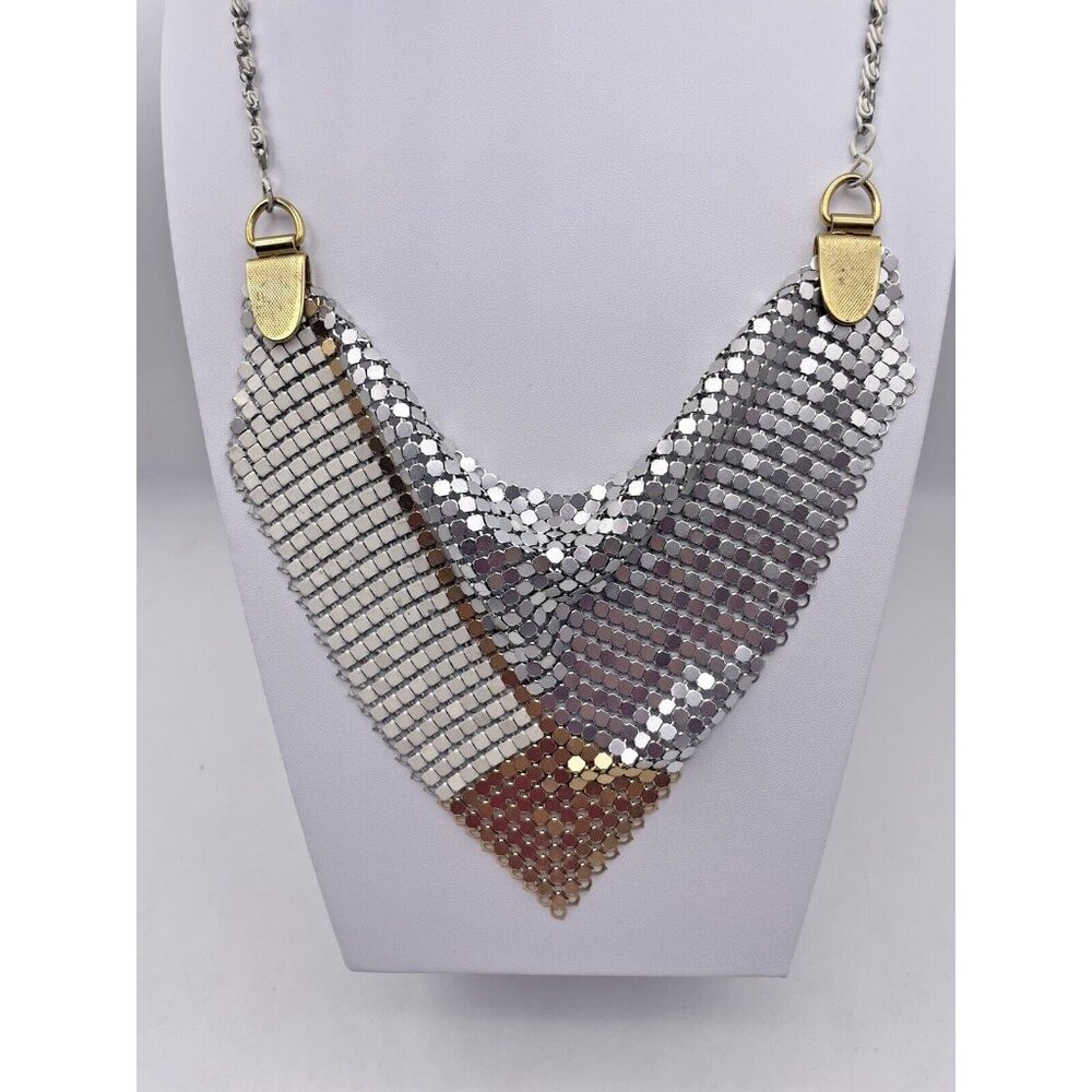 Vintage Mesh Bib Drape Chain Statement Necklace Silver-tone gold-tone White Rare